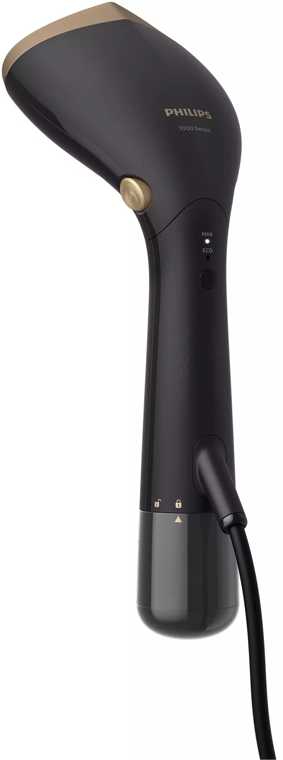 Czarny i złoty parownik do ubrań Philips. Jest to urządzenie ręczne z czarnym przewodem zasilającym.