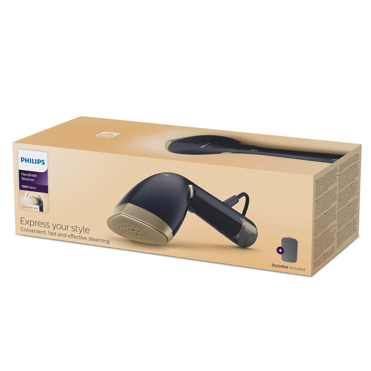 Ręczny parownik Philips w pudełku. Pudełko jest beżowe z danymi produktu.