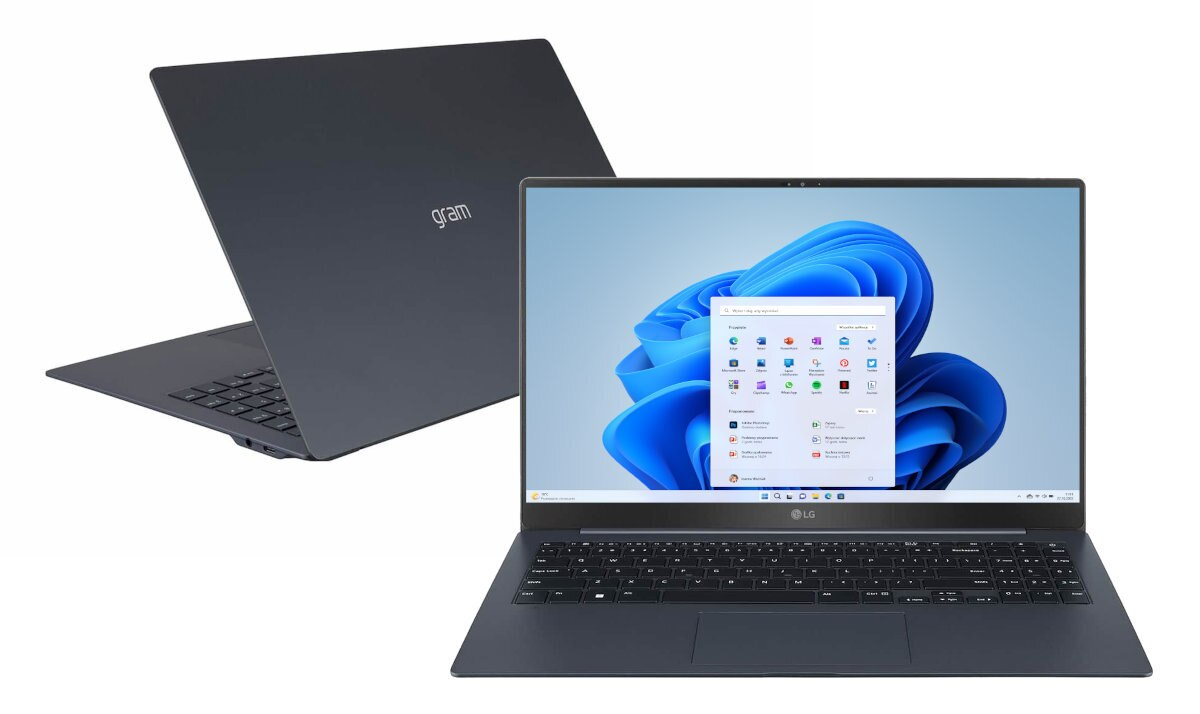 Dwa laptopy: jeden zamknięty, granatowy. Jeden otwarty, z interfejsem Windows 11.