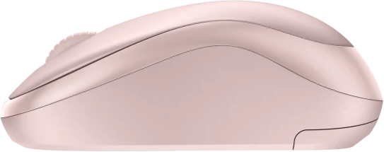 Vue latérale d'une souris d'ordinateur sans fil rose avec une molette de défilement.