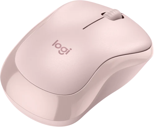 Souris d'ordinateur sans fil rose avec une molette de défilement. Le mot 'logi' est imprimé sur la souris.