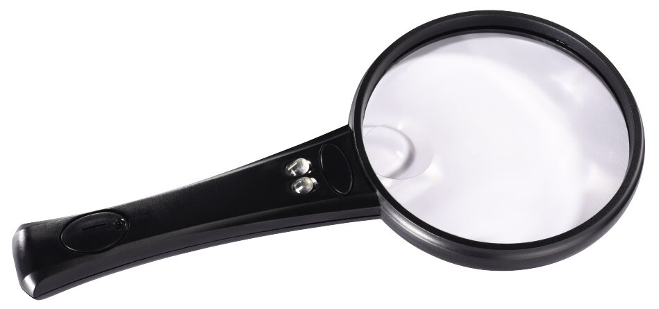 Czarna lupa. Uchwyt z przyciskami. Przezroczysta szklana soczewka.