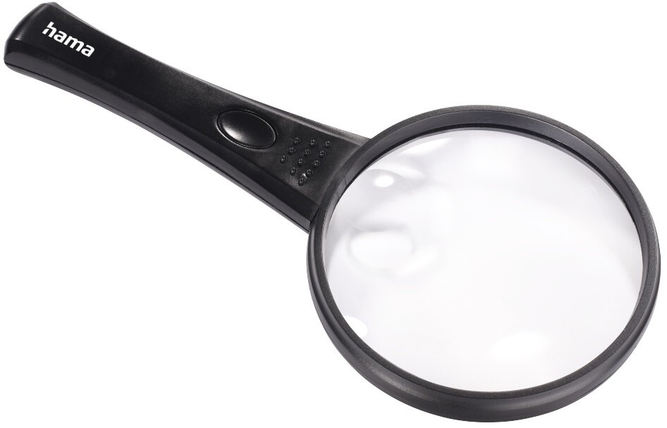 Czarny uchwyt szkła powiększającego z przezroczystą soczewką, na białym tle.