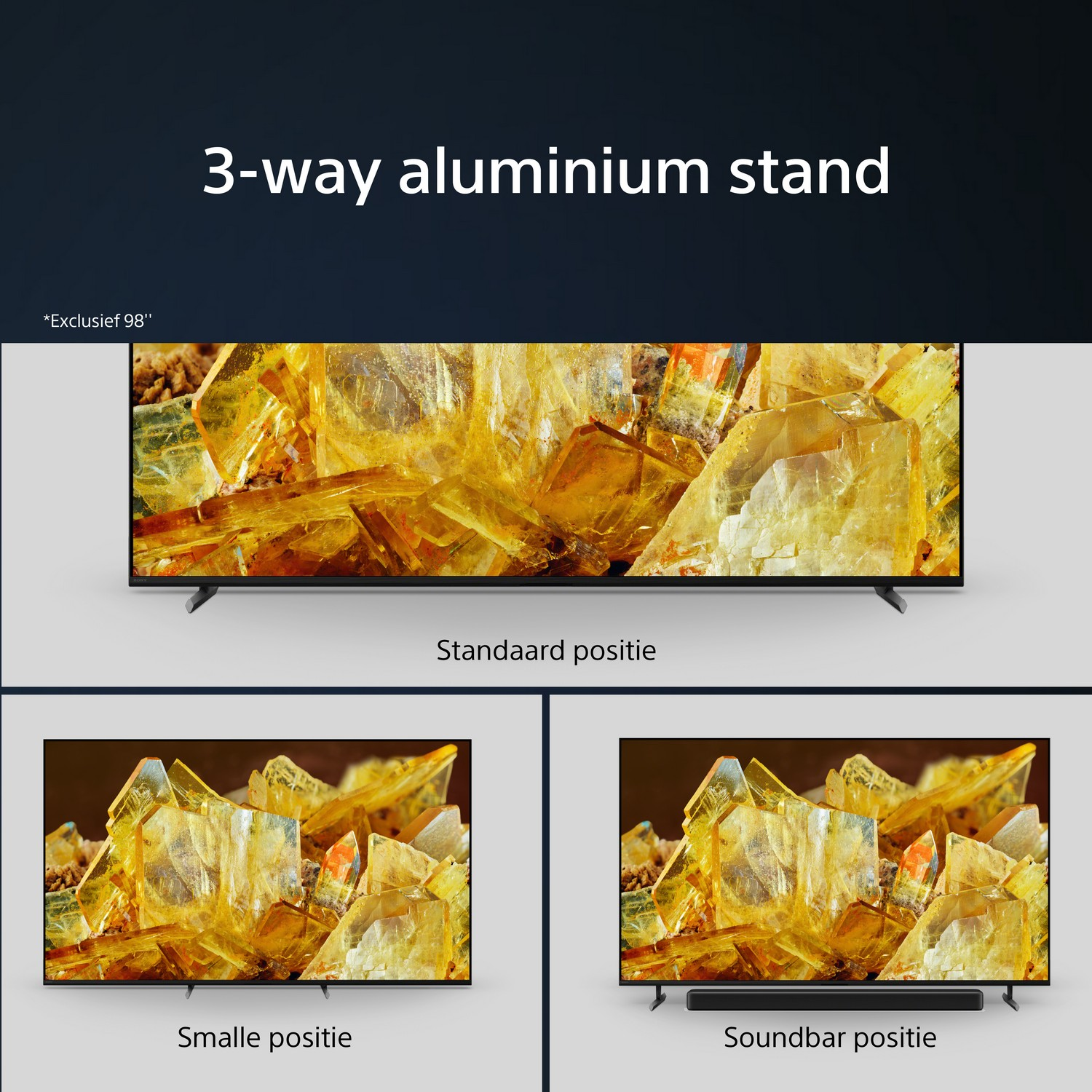 Drie tv's, elk met een andere standaard. Goud en zwart beeld op het scherm.