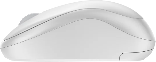 Weiße Maus, Seitenansicht, geschwungene Form. Schwarzer Hintergrund.