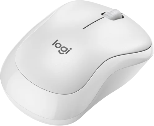 Weiße Logitech-Maus. Draufsicht, leicht angewinkelt, mit Scrollrad und Logo oben.
