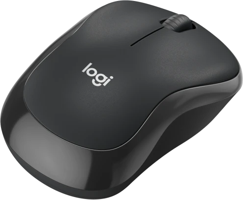 Souris d'ordinateur noire avec molette de défilement et logo.