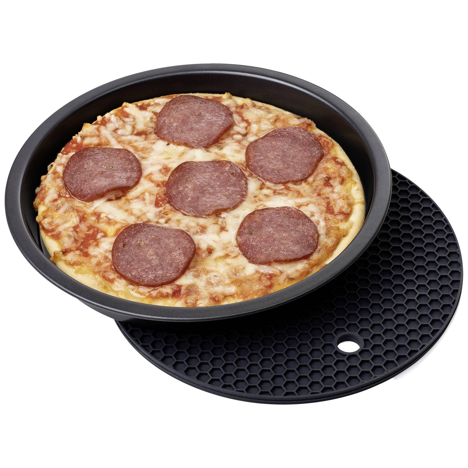 A pizza with pepperoni in a black pan, placed on a black, hexagonal trivet.