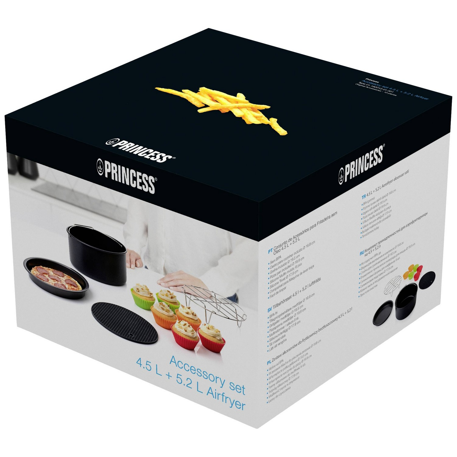 A box containing an air fryer accessory set, including trays, and accessories.