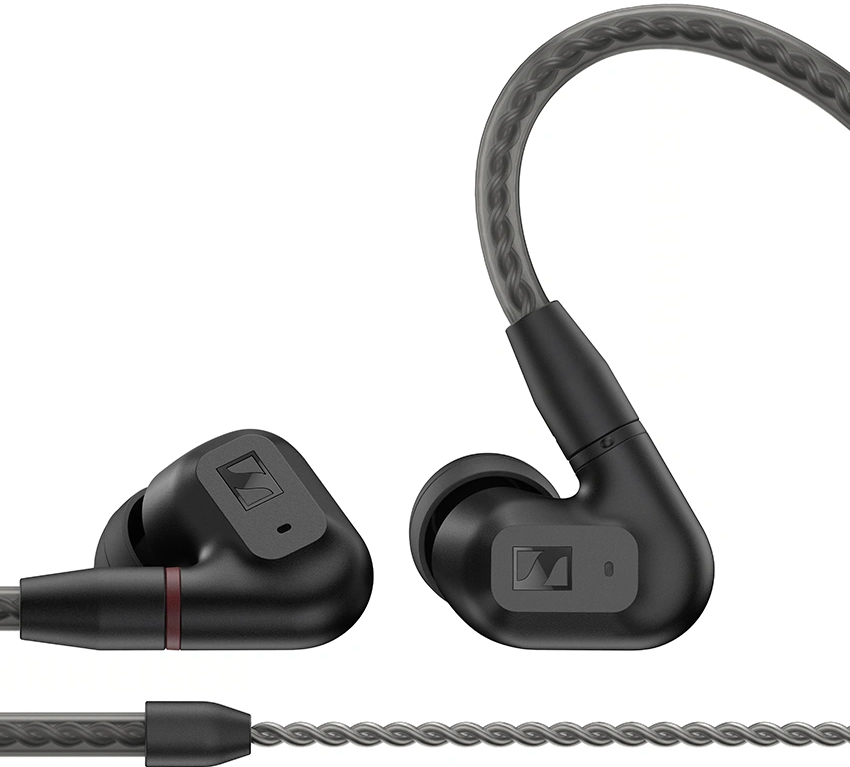 Schwarze Sennheiser In-Ear-Kopfhörer mit grauem Kabel.