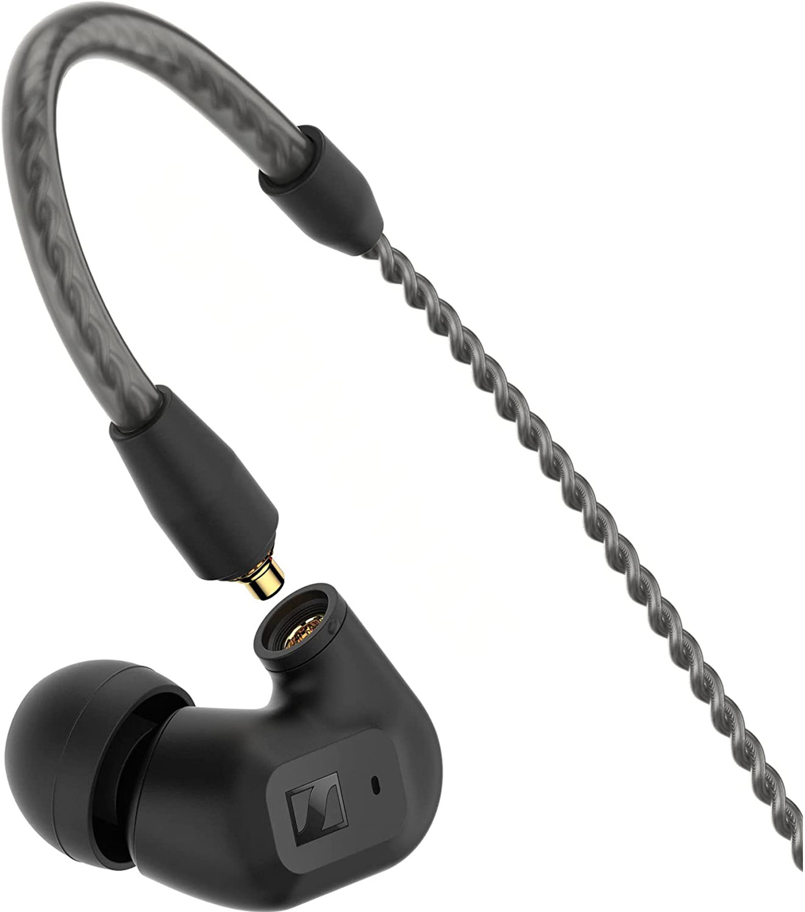 Schwarzer Ohrhörer mit grauem Kabel und goldenem Stecker.