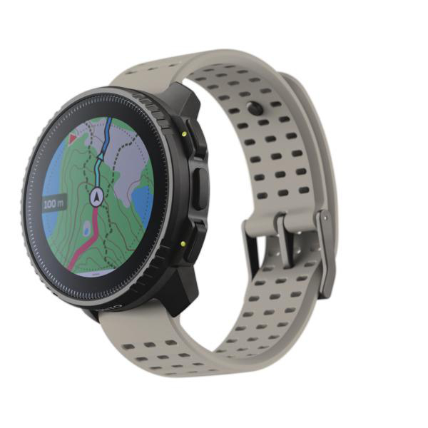 Smartwatch mit Kartenanzeige und grauem Armband. Die Uhr hat eine schwarze Lünette.