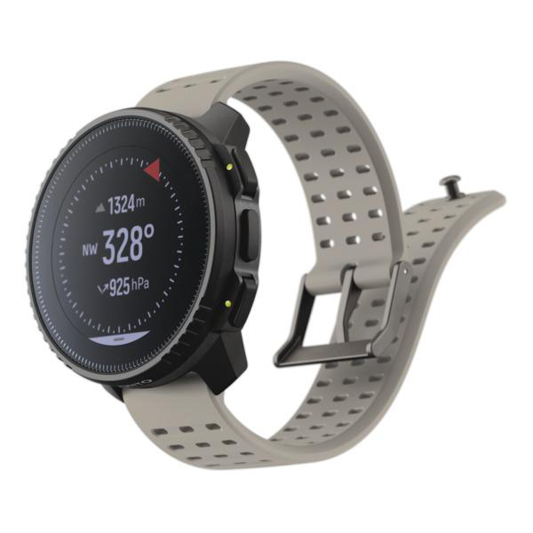 Schwarz-graue Smartwatch mit grauem Armband, zeigt Kompass- und Wetterinformationen.