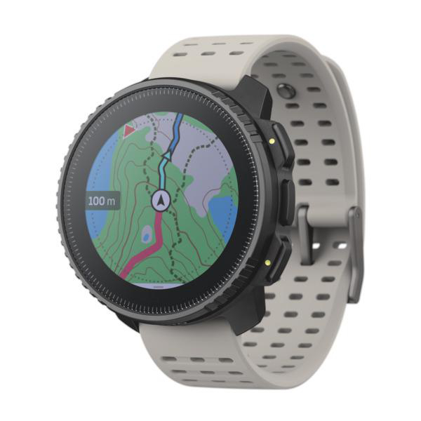 Eine schwarz-graue Smartwatch mit Kartenschnittstelle auf weißem Hintergrund.