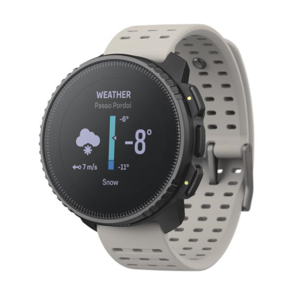 Eine schwarze Smartwatch mit weißem Armband, die Wetterinformationen, Schnee und Temperatur anzeigt.