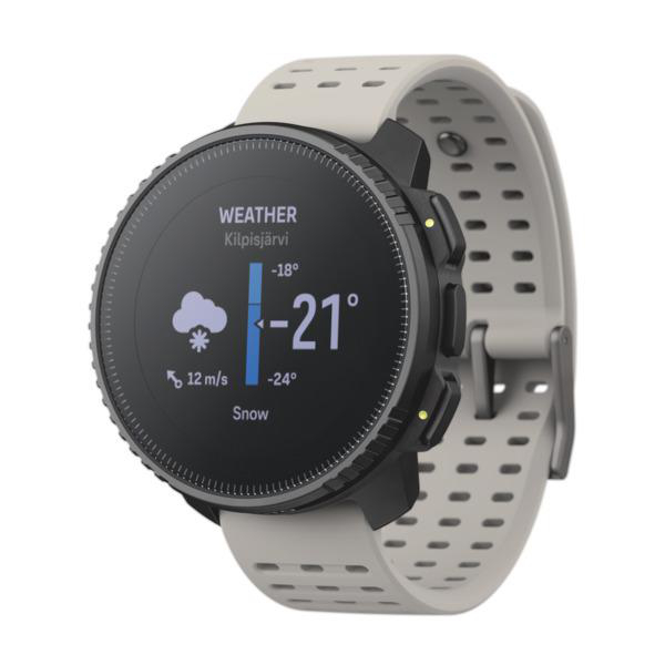 Eine schwarz-weiße Smartwatch mit Wetterinformationen. Sie zeigt -21 Grad und Schnee an. Das Armband ist grau.