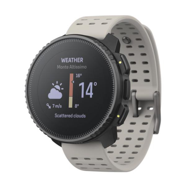 Smartwatch, das Wetter anzeigt, umgeben von einem weißen Armband.