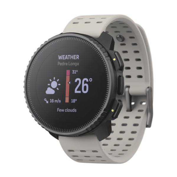 Smartwatch mit Wetteranzeige. Zeigt 26 Grad Temperatur, 16 m/s Wind und wenige Wolken.