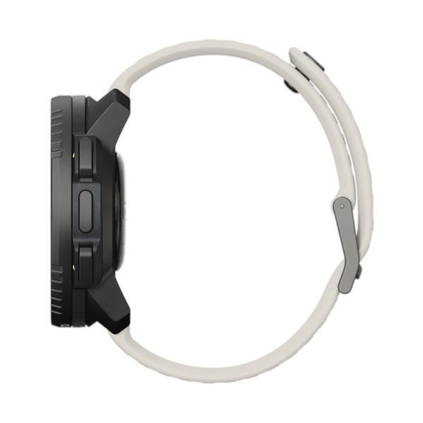 Seitenansicht einer schwarzen Smartwatch mit weißem Armband. Knöpfe sind sichtbar.