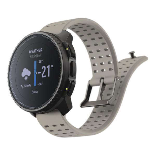 Smartwatch mit grauem Armband zeigt Wetterinfo: -21 Grad, Schnee und Wetterdetails. Weißer Hintergrund.