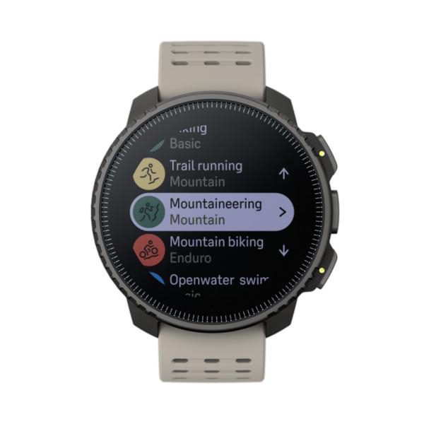 Smartwatch mit Aktivitätsoptionen: Trailrunning, Bergsteigen, Mountainbiking und Schwimmen.