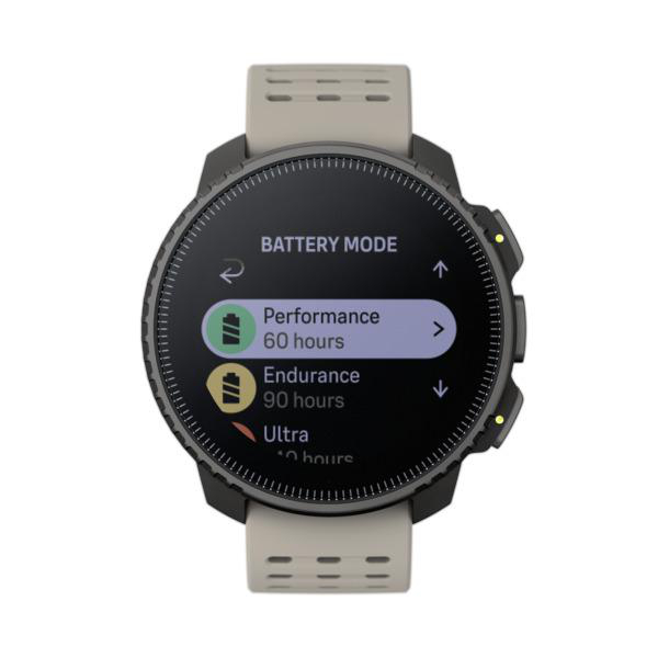 Eine Smartwatch mit schwarzer Lünette, die Batteriemodi mit verbleibenden Stunden anzeigt.