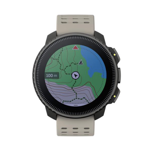 Eine Smartwatch mit Kartendarstellung, die einen Wanderweg mit Kompass und Standort zeigt.