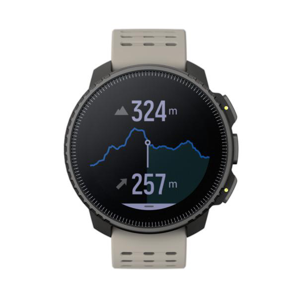Eine Smartwatch mit Armband, die ein Höhenprofil und Zahlen zeigt.