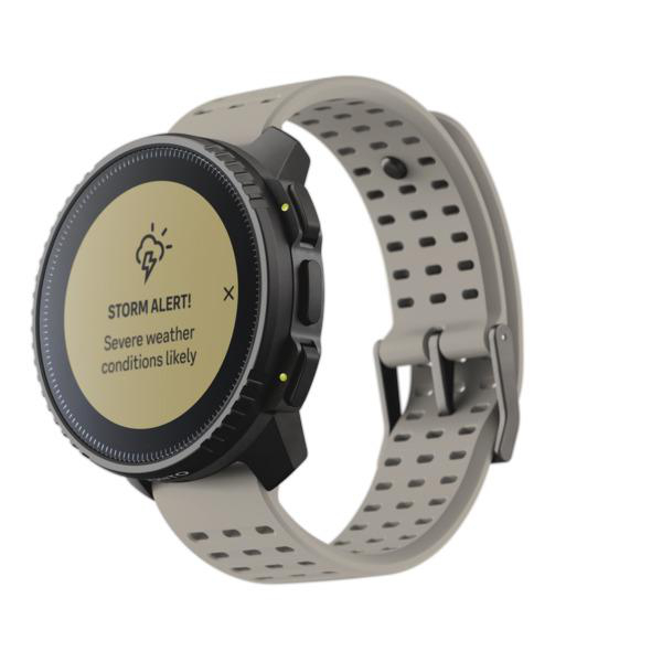Graue Smartwatch, die einen Sturm-Alarm anzeigt. Schwarze Lünette und graues Armband auf weißem Hintergrund.