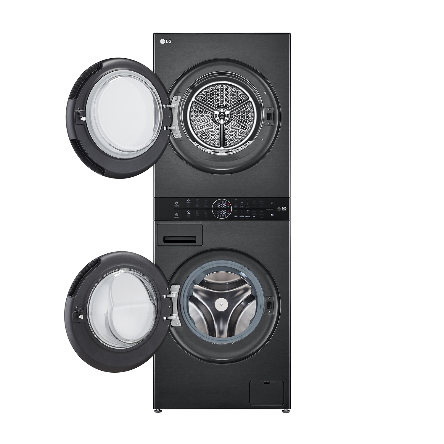 Combinazione lavatrice-asciugatrice LG nera, con due sportelli aperti. Le parti interne sono visibili.