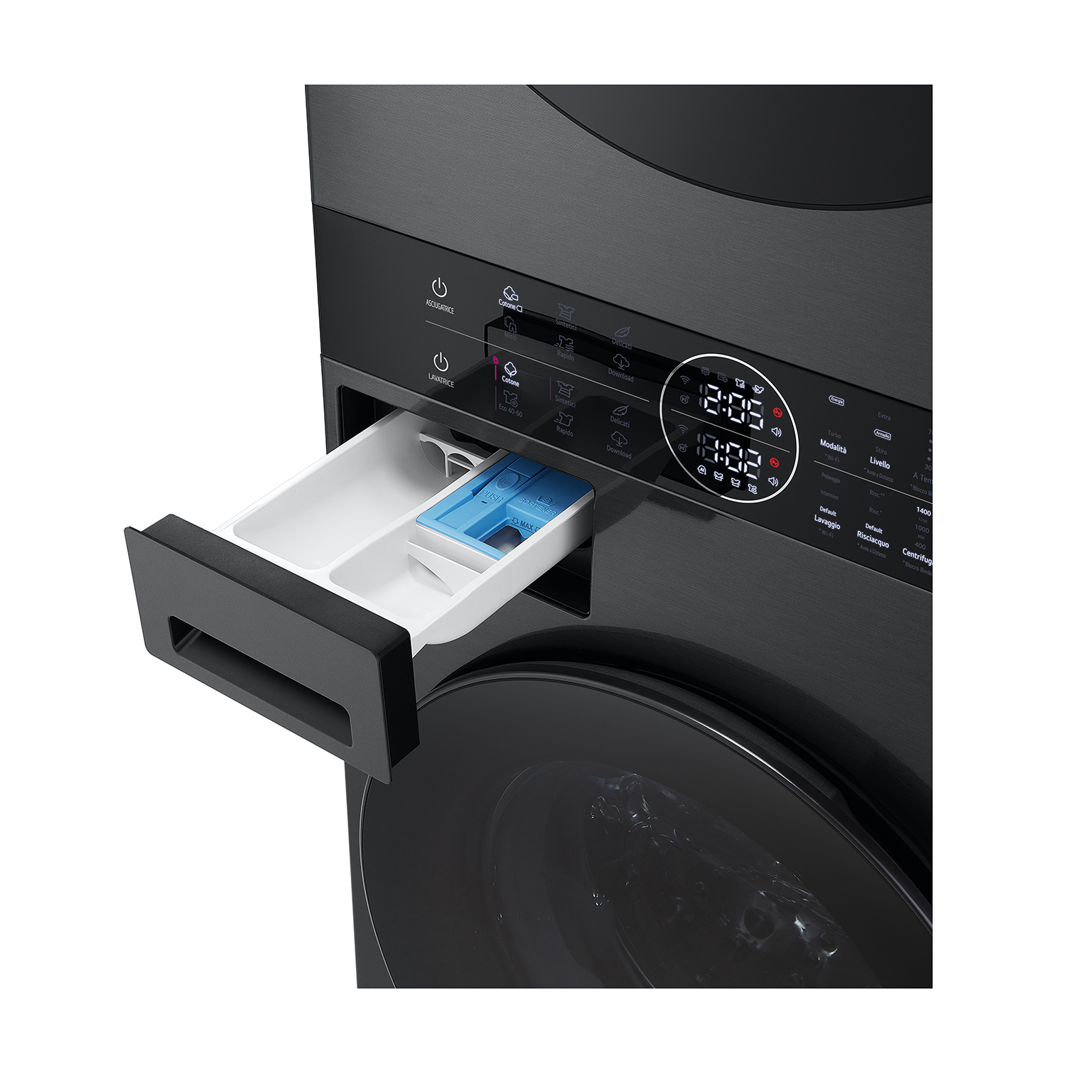 Una lavatrice con il cassetto del detersivo aperto, che mostra una capsula di detersivo blu all'interno.
