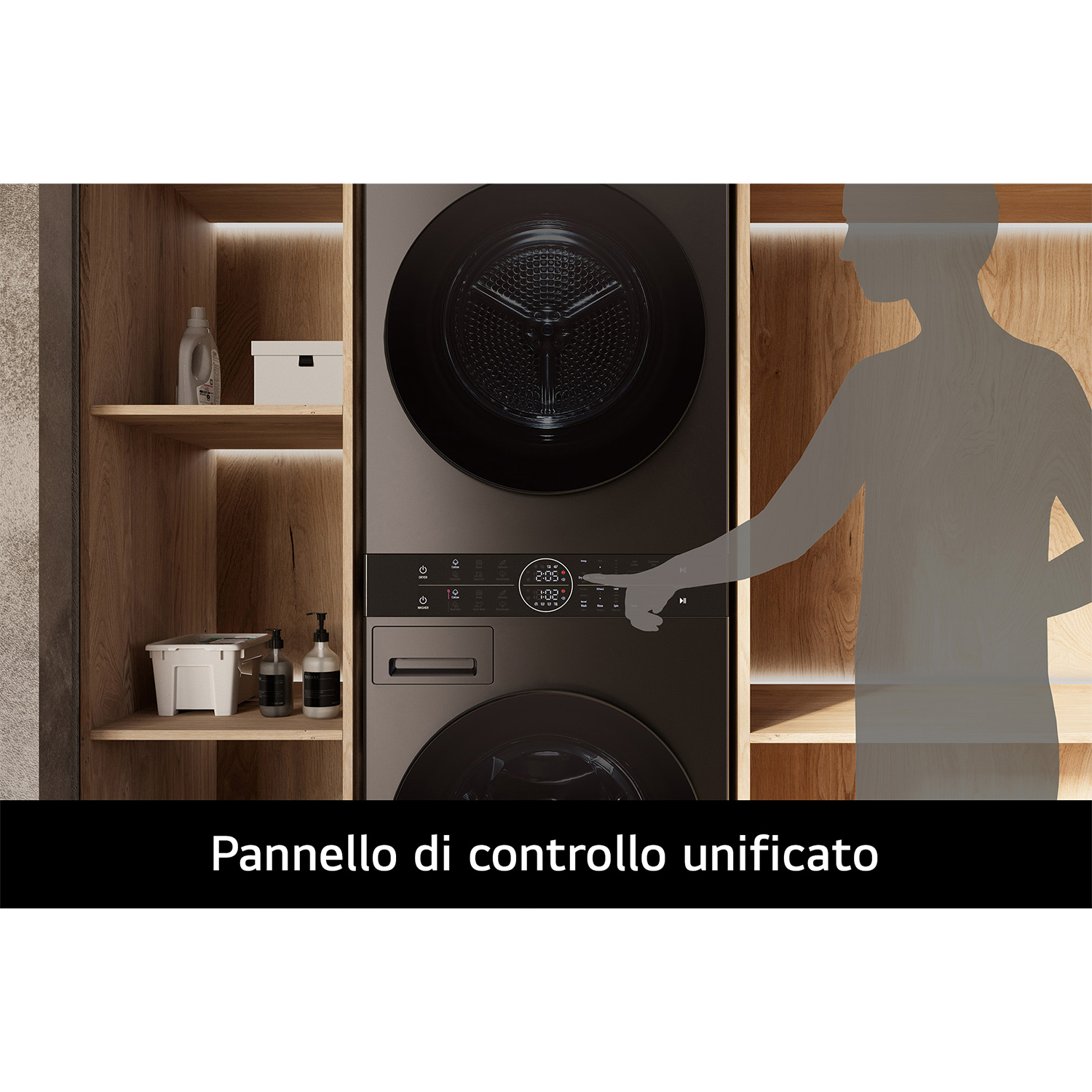 Una lavatrice e un'asciugatrice scure, con la sagoma di una persona che preme un pulsante sul pannello di controllo.