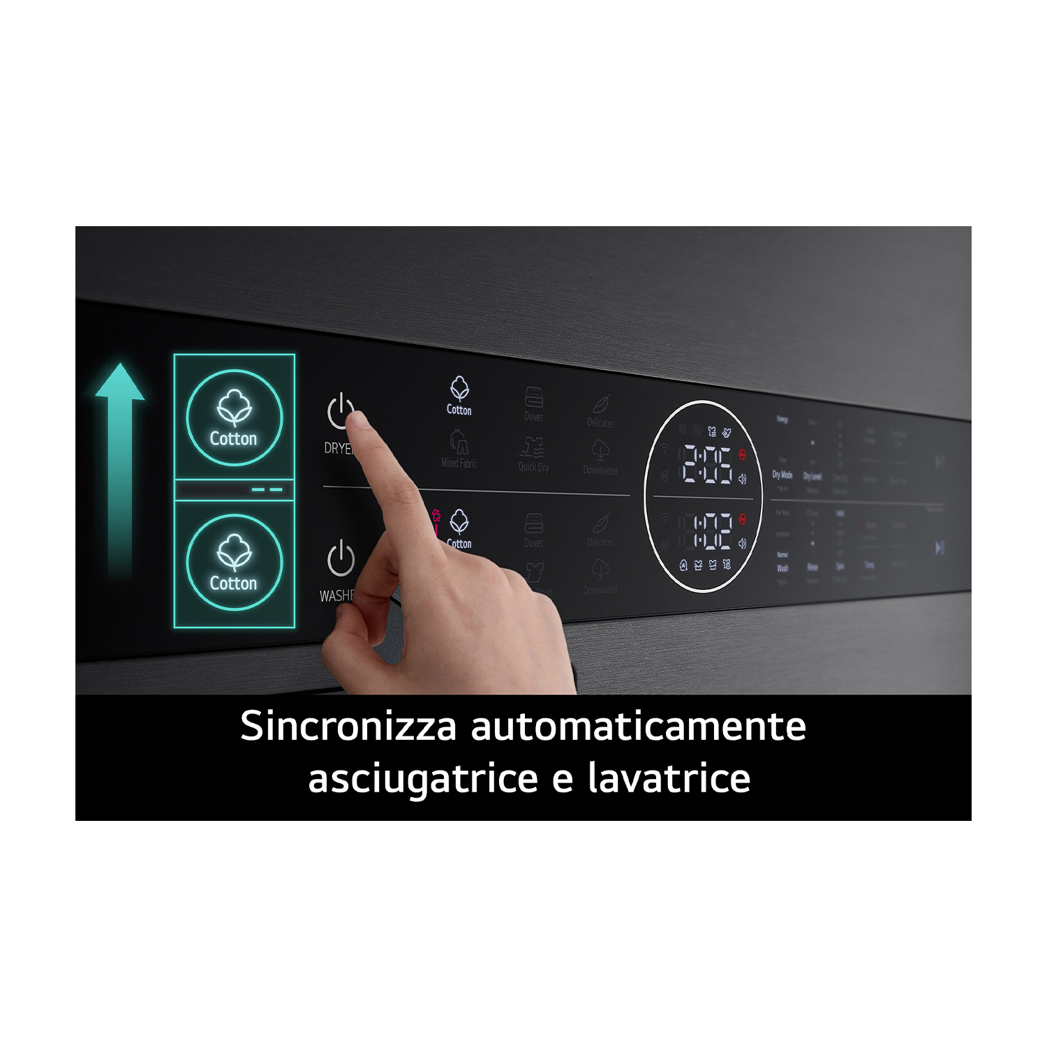 Mano che preme il pulsante dell'asciugatrice su un pannello di controllo nero.