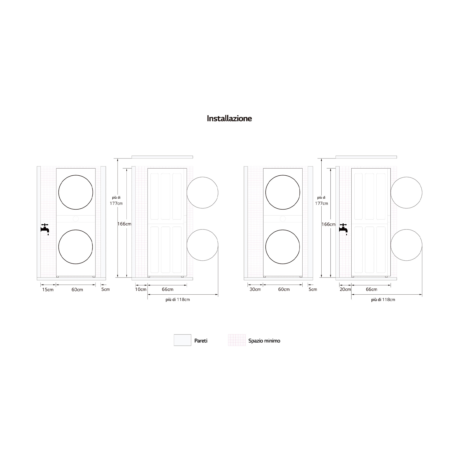 Schema di installazione con misure. Due layout a specchio di una configurazione a doppio lavabo.