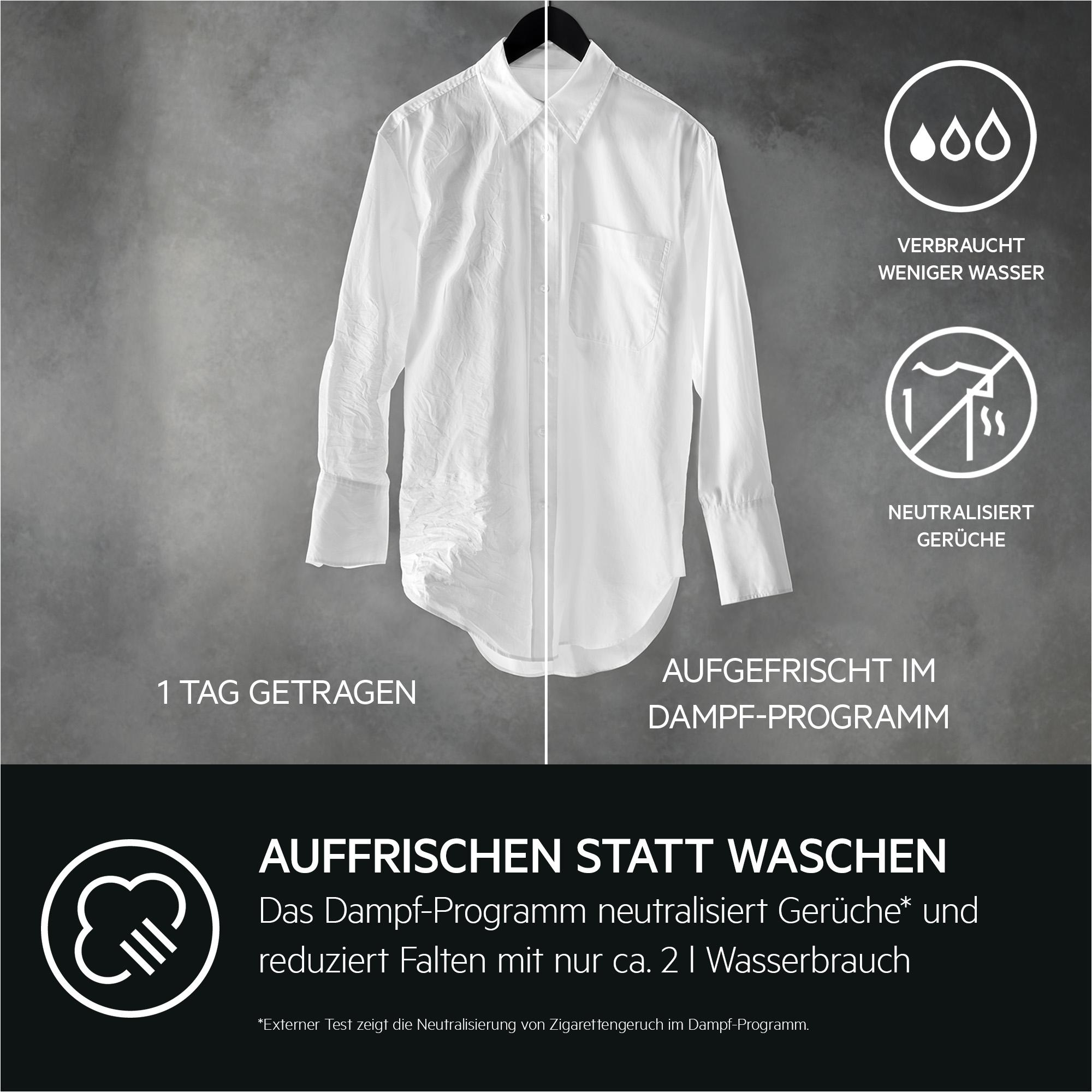Ein weißes Hemd wird vor und nach dem Dampfen gezeigt. Text erklärt, dass es Gerüche neutralisiert und Falten reduziert.