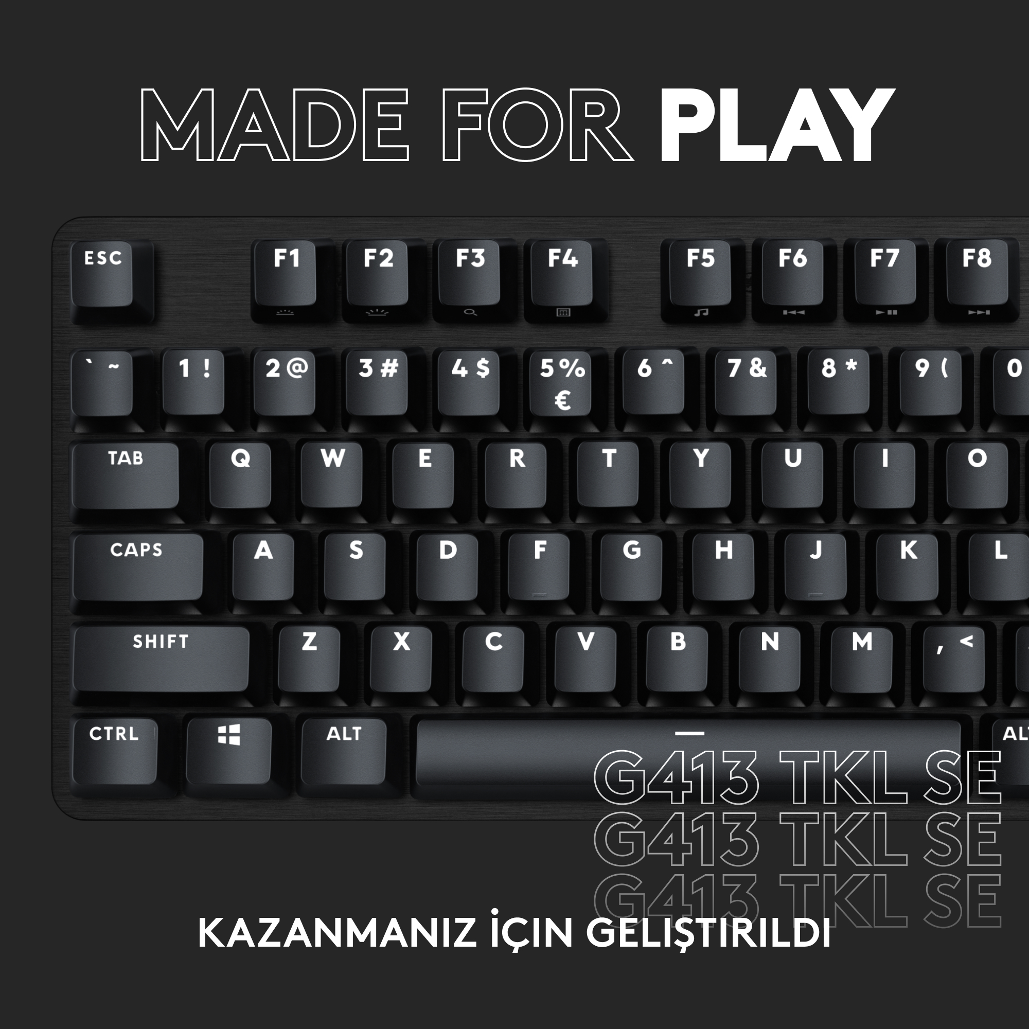 Beyaz harfler ve sembollerle siyah bir klavye, metin 'MADE FOR PLAY' diyor.