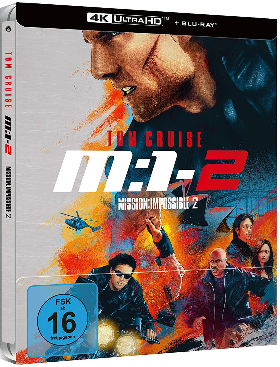 Filmcover von Mission: Impossible 2. Tom Cruise Porträt, Actionszenen, Hubschrauber, Motorrad. 4K Ultra HD Blu-ray.