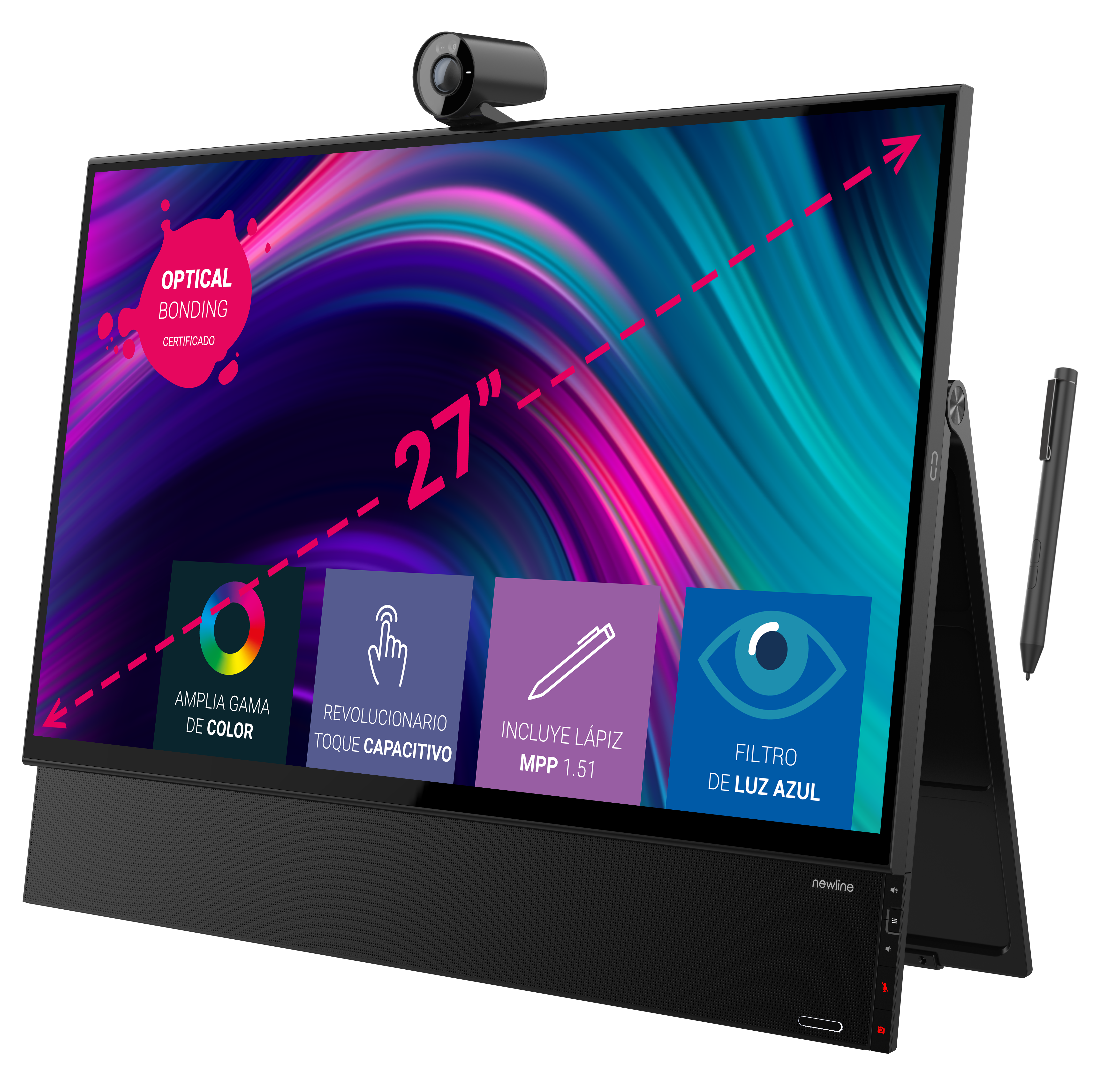 Monitor - Newline Flex TT-2721AIO Profesional, 27", UHD 4K, 8 ms, 165 Hz, Táctil, Webcam, Negro
