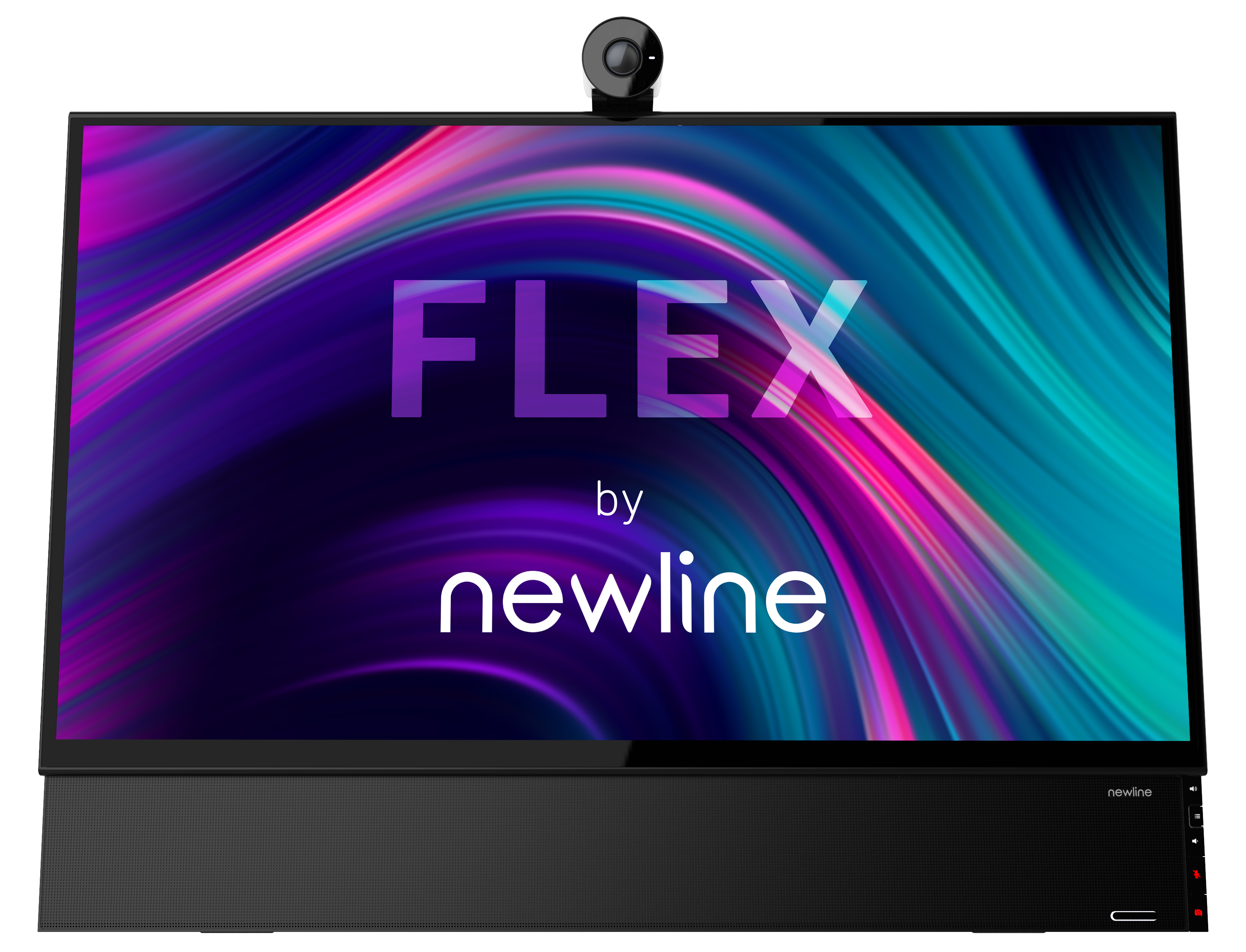Pantalla Newline Flex, base negra, pantalla curva colorida, webcam arriba.