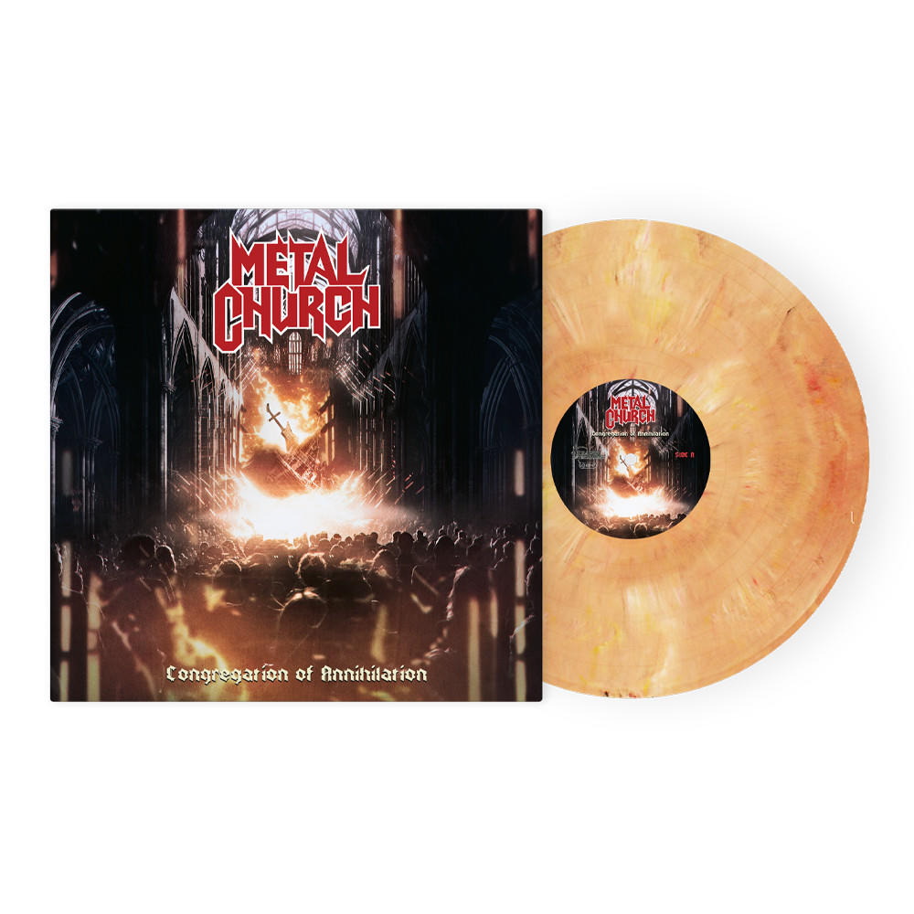 Vinyl-Schallplatte mit Cover, das eine dunkle Kirchenszene und den Bandnamen zeigt.