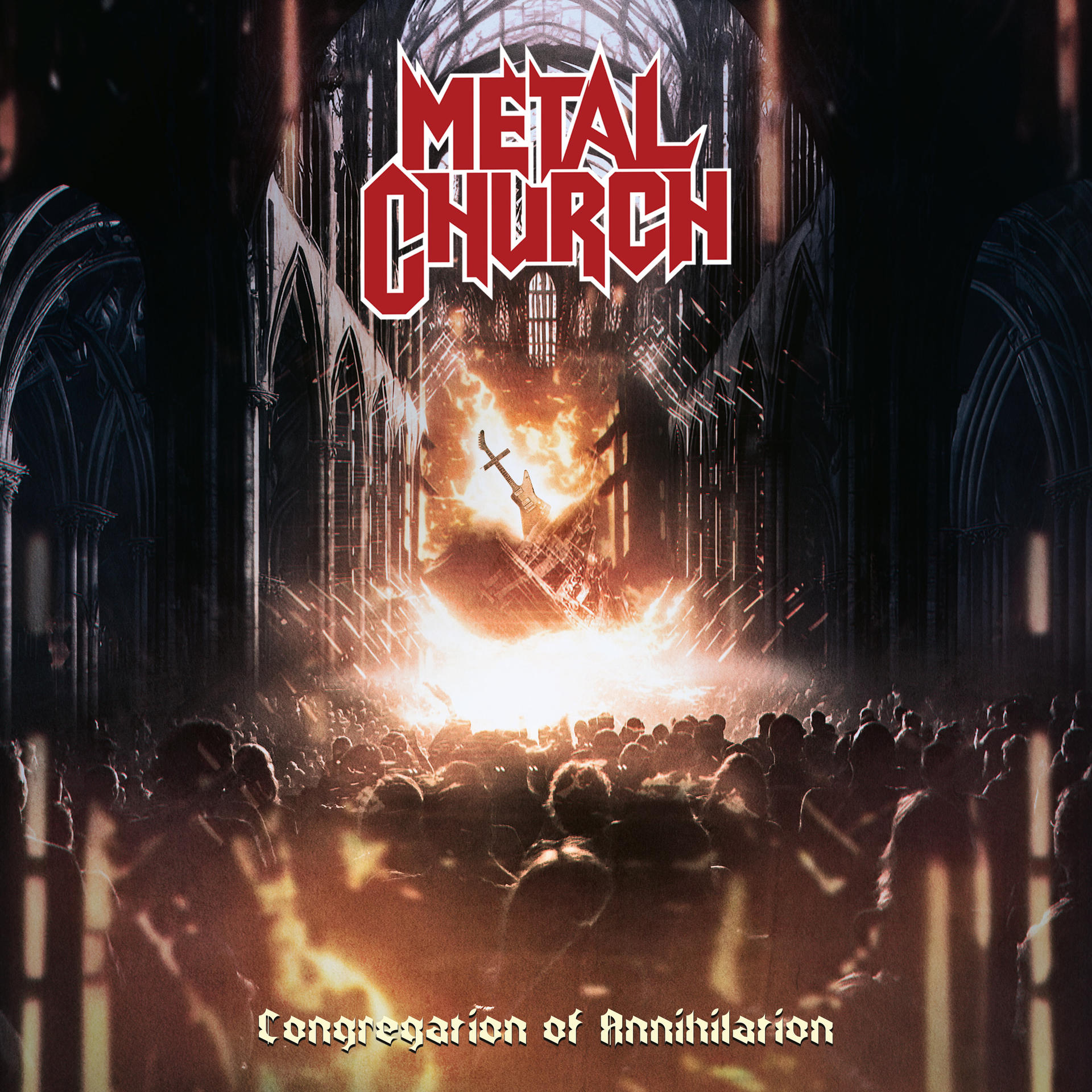 Metal Church Albumcover. Rotes Logo über einer dunklen Kirche mit Figuren und Flammen.