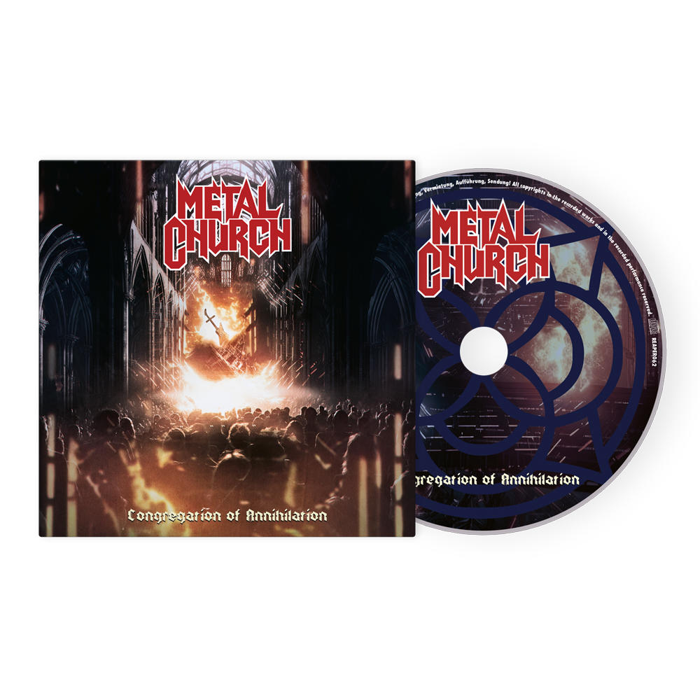 Ein Albumcover und eine CD der Metal-Band Metal Church, mit einem Kirchenkunstwerk.