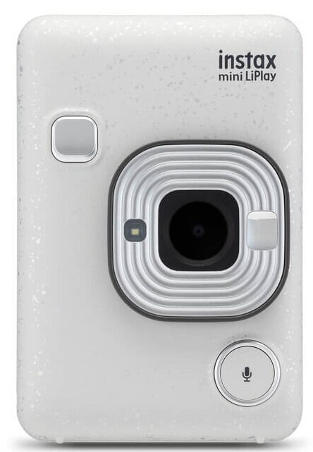 Biały aparat Instax Mini LiPlay, z czarnym obiektywem i przyciskami, widok z przodu.