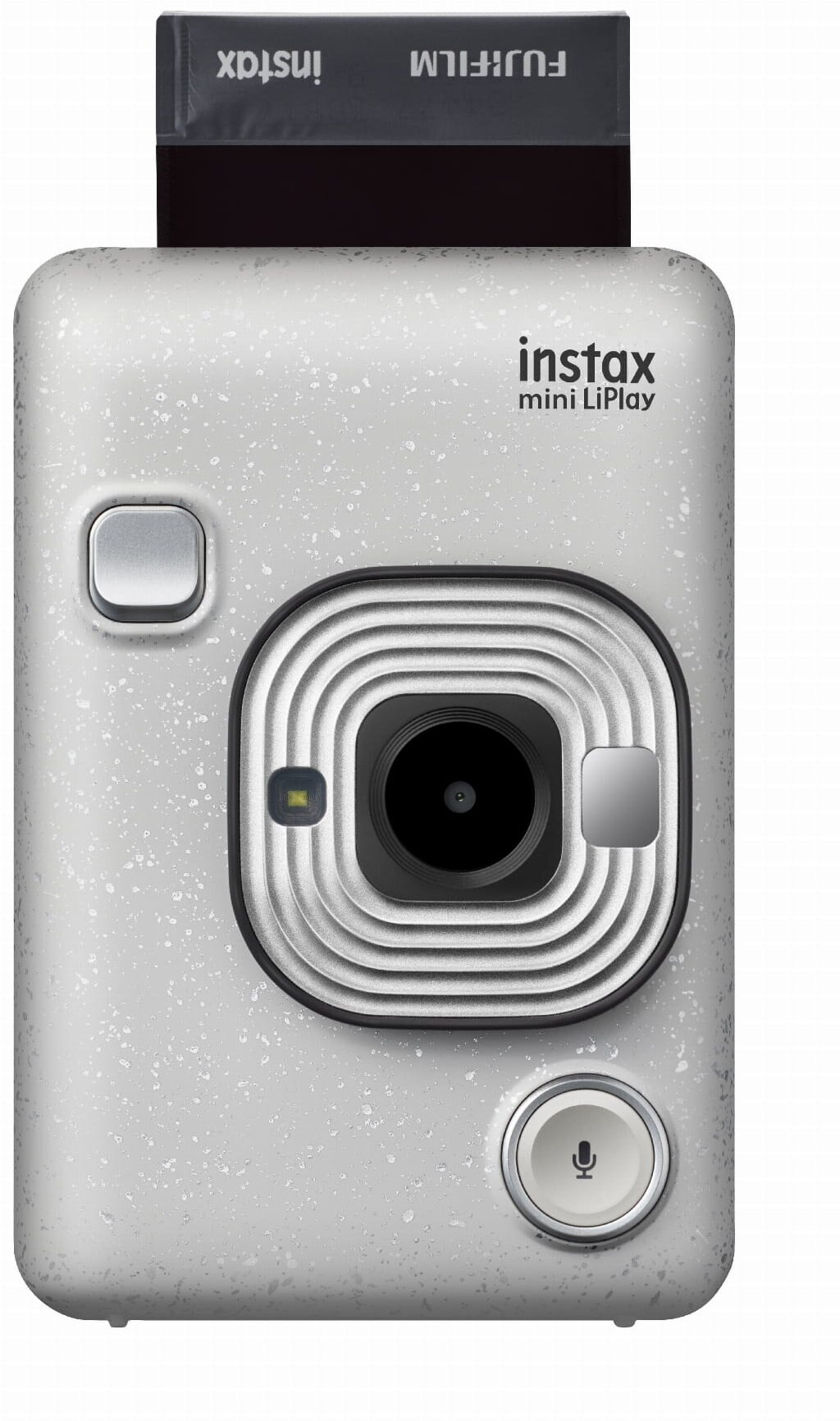 Biały aparat Instax z czarnym wkładem filmowym na górze.