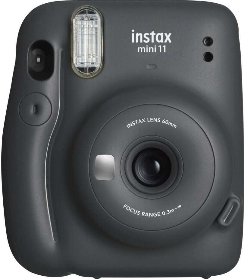Ciemnoszara kamera Instax mini 11 z lampą błyskową i obiektywem na białym tle.