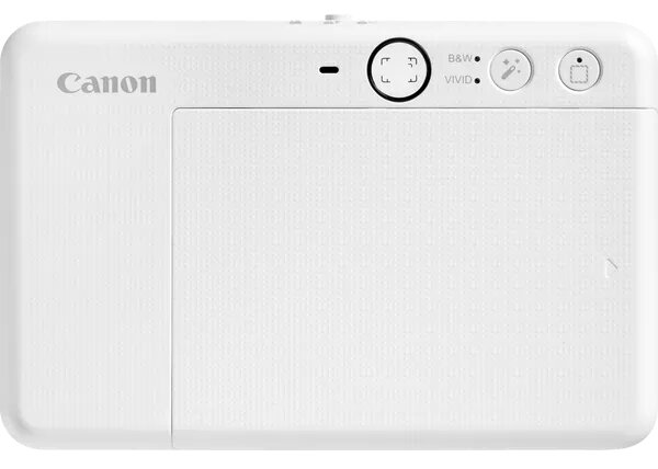 Biała drukarka zdjęć Canon Selphy, widok z góry, pokazujący elementy sterujące i logo Canon.
