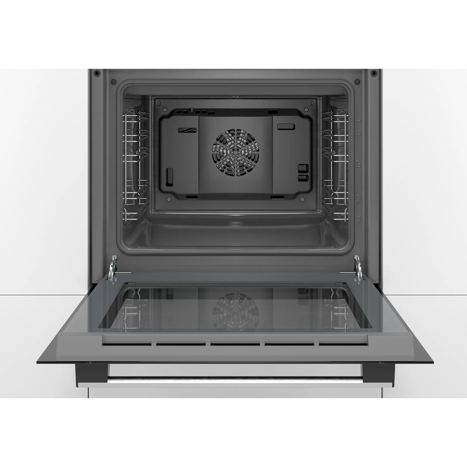 Forno aperto con porta a vetro, luce interna e ventola visibile.