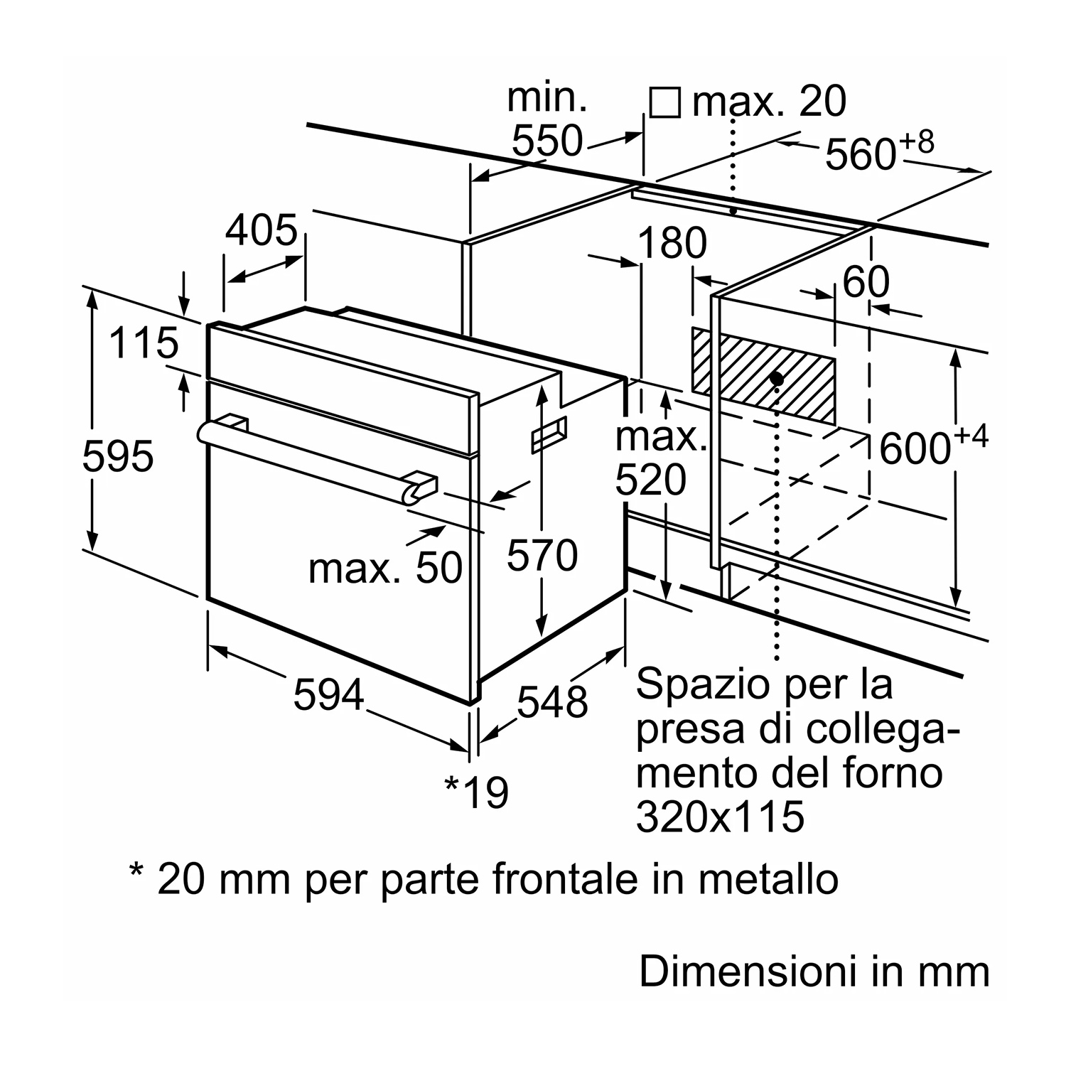 Disegno tecnico di un forno a incasso con dimensioni in millimetri.
