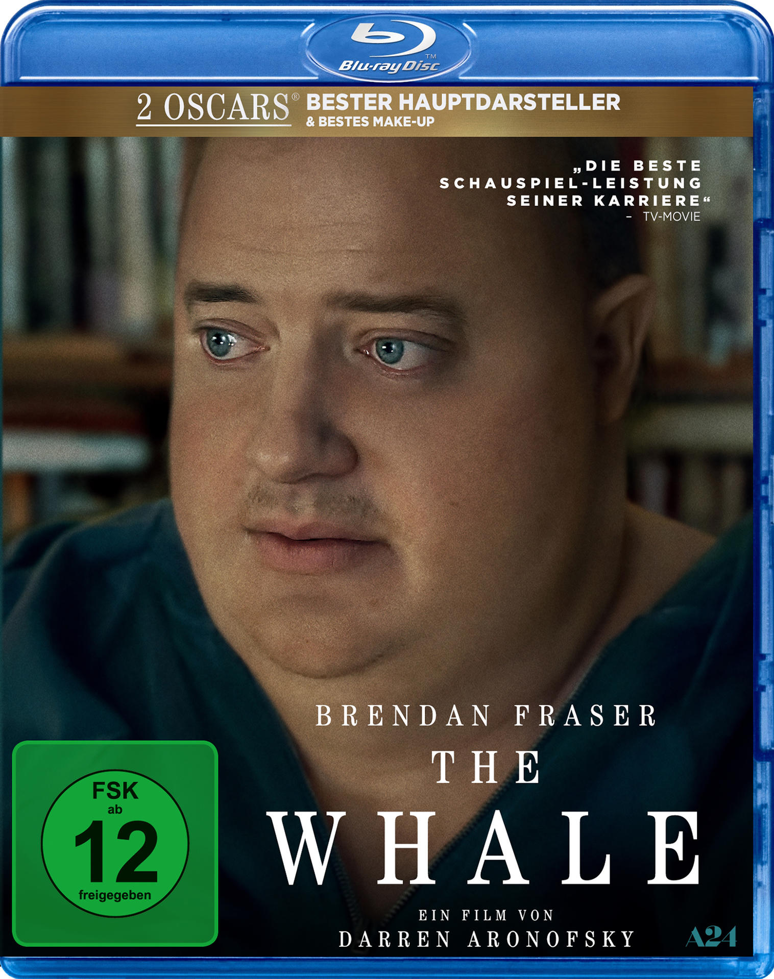 Filmcover: Brendan Fraser, Filmtitel "The Whale". Blaue Blu-ray-Hülle.