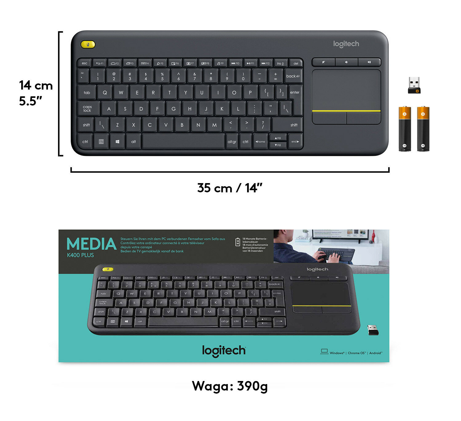 Klawiatura z panelem dotykowym i odbiornikiem USB Logitech oraz bateriami.
